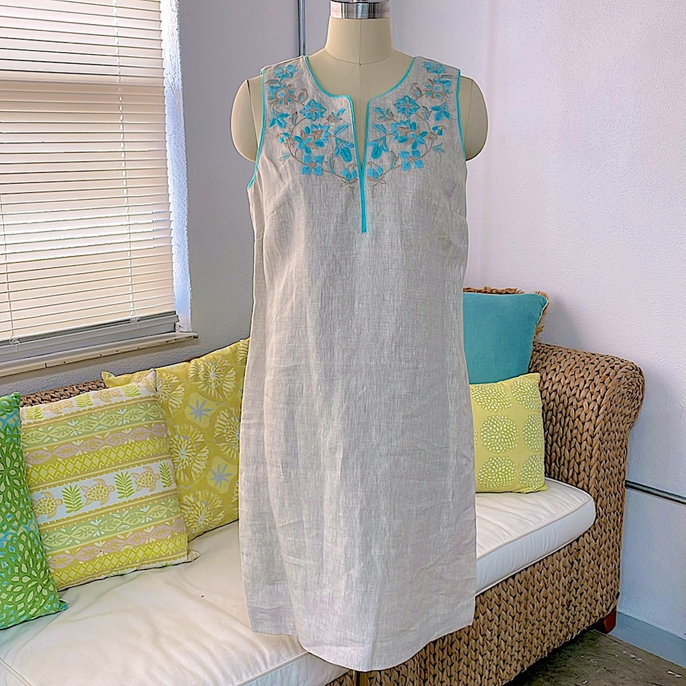 Sigrid Olsen Signature Linen Sleeveless Sheath Dress Natural/Aqua Size 6 New!